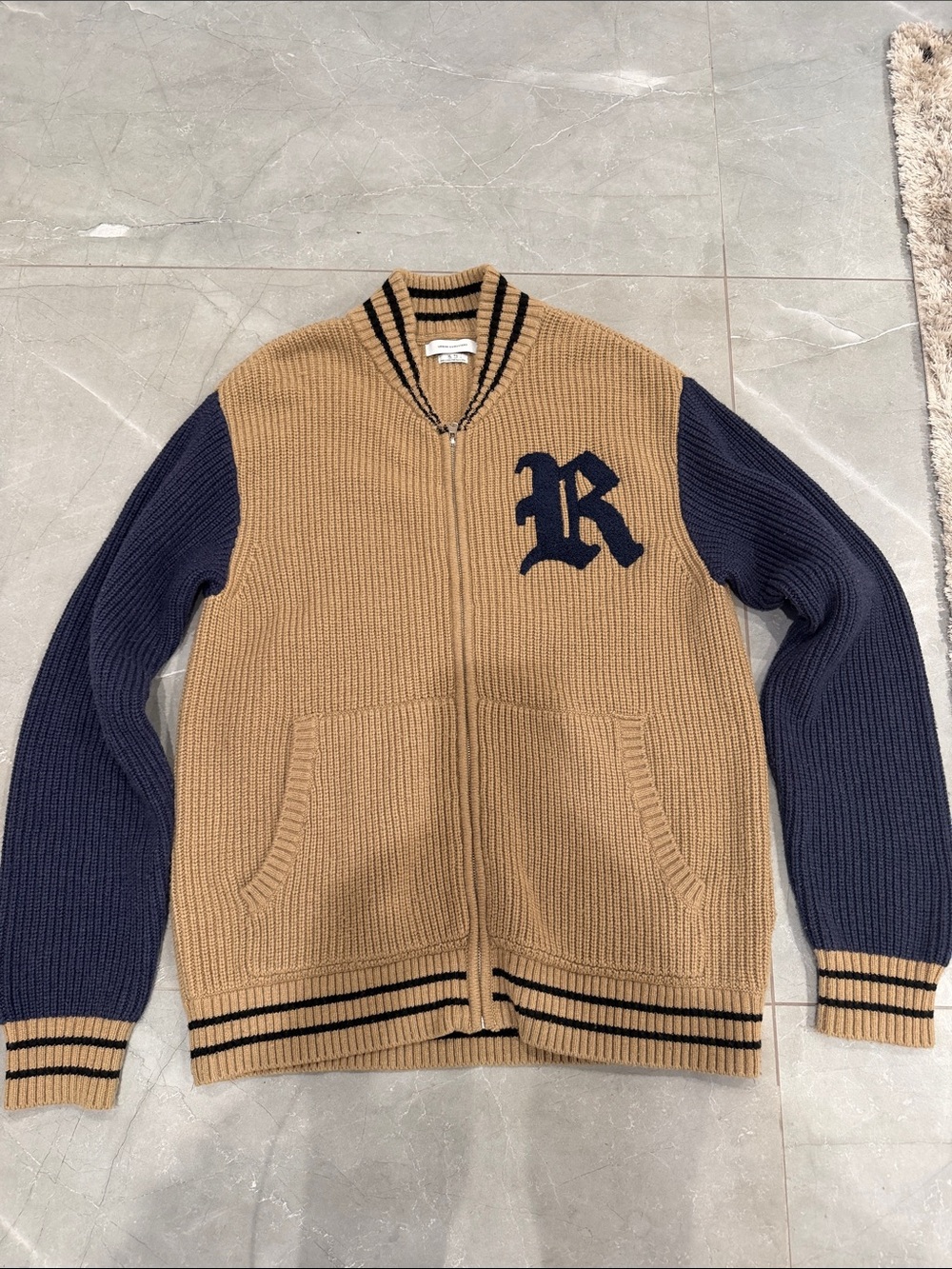 Urban Outfitters Camel and Navy Striped Zip Knit Cardigan